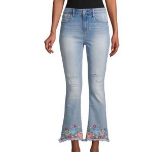 Driftwood Roxy Embroidered Kick Flare Raw Hem Light Cropped Blue Jeans Sz 29